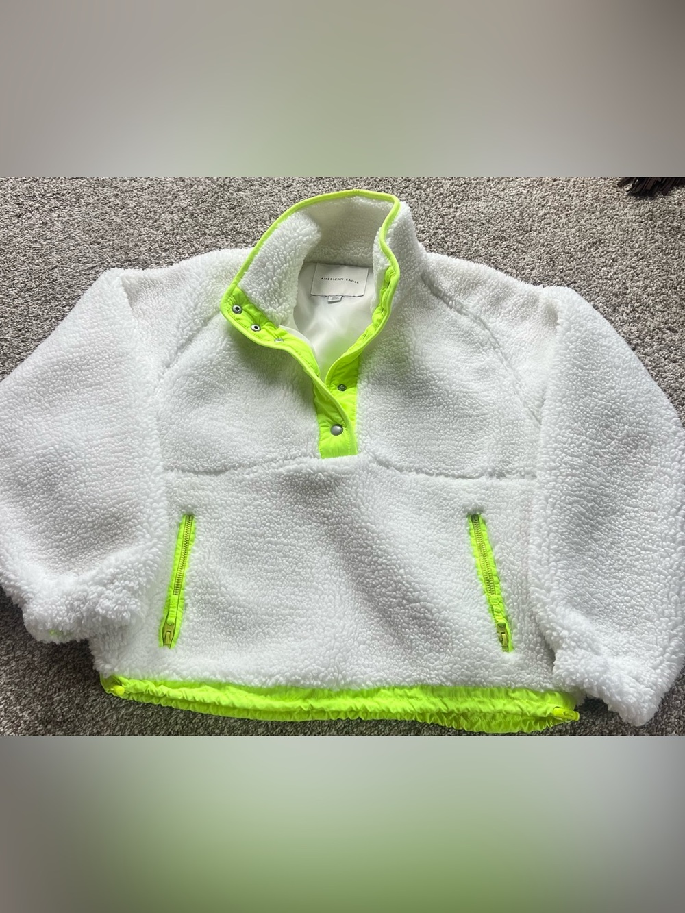American Eagle Outfitters White Sherpa Pullover with Neon Trim